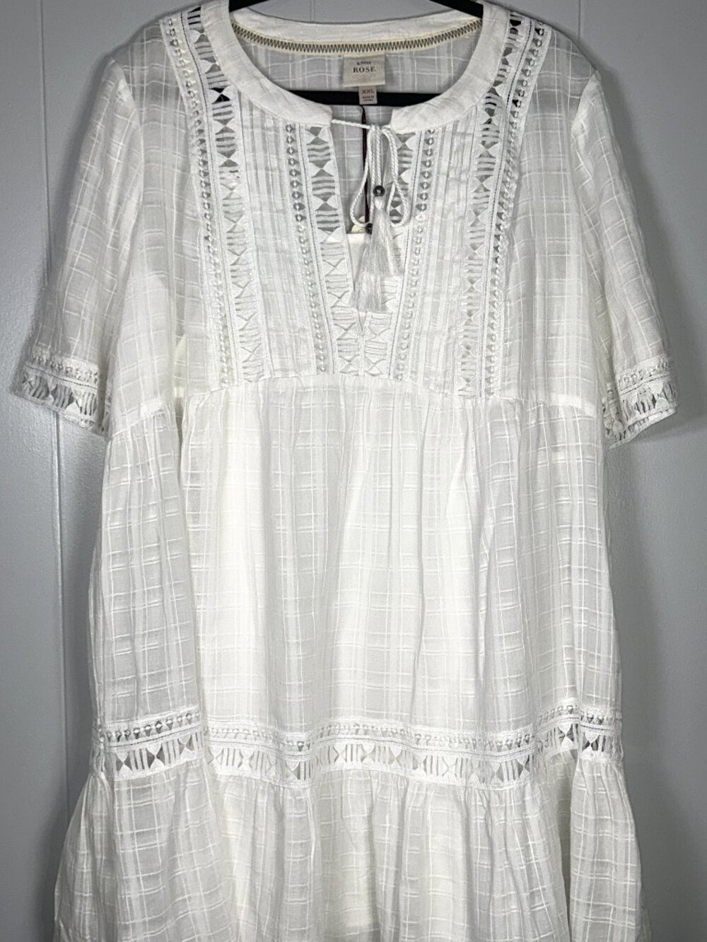 Knox Rose White Boho Tassel Eyelet Short Sleeve Mini Two-Pc Ruffle Dress XXL NEW